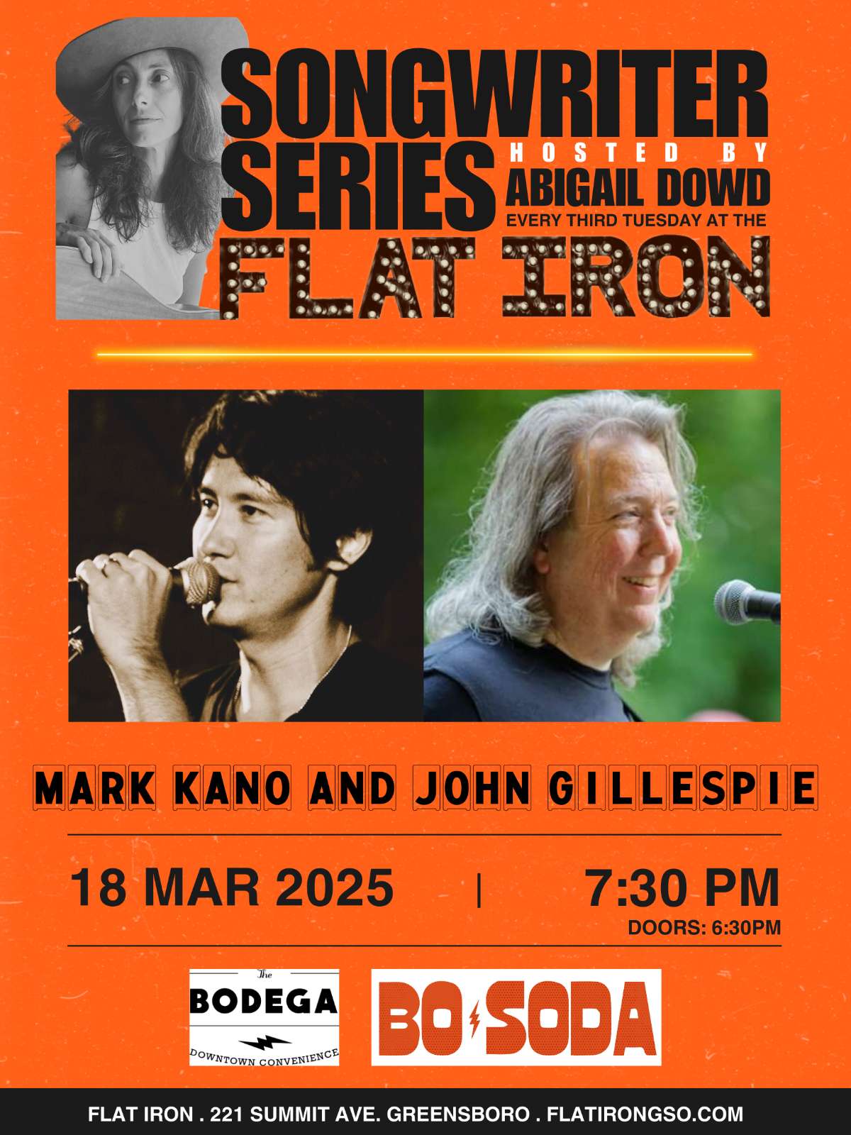 Songwriter Series hosted by Abigail Dowd, featuring: Mark Kano, and John Gillespie